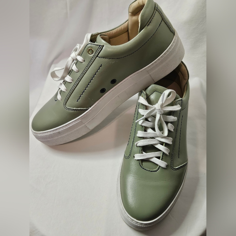Pre-owned Want Les Essentials Women Leather Platform Sneakers Olive Green Sz 39